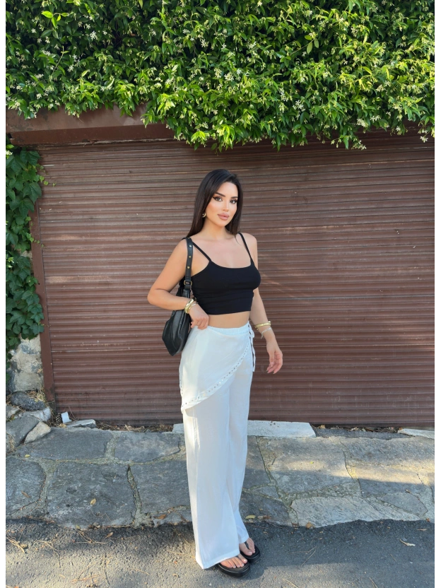 Beyaz Beli Fularlı Tailored Fit Tensel Pantolon