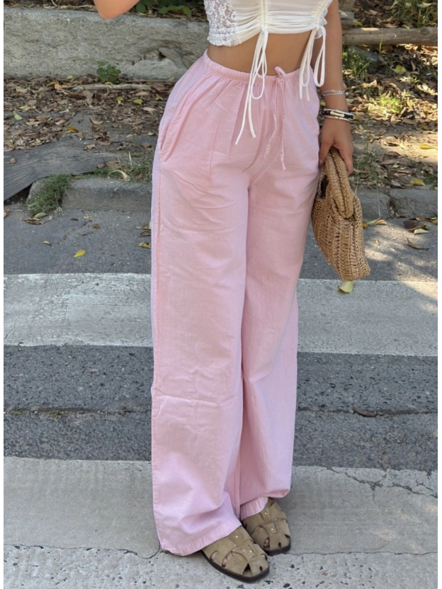 Pembe Keten Lastikli Palazzo