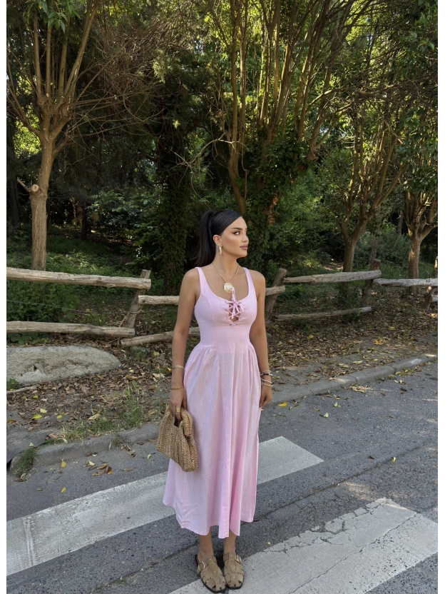 Pembe Korse Keten Uzun Elbise