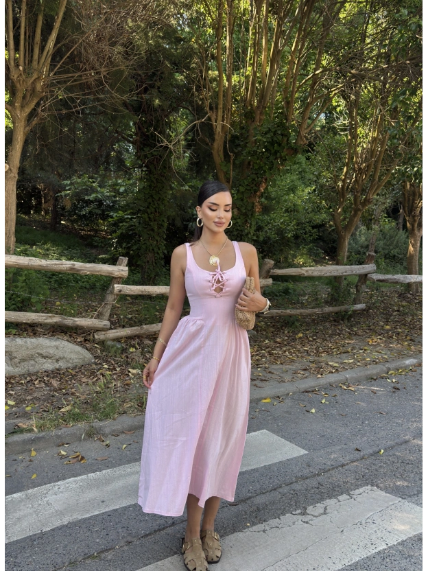 Pembe Korse Keten Uzun Elbise