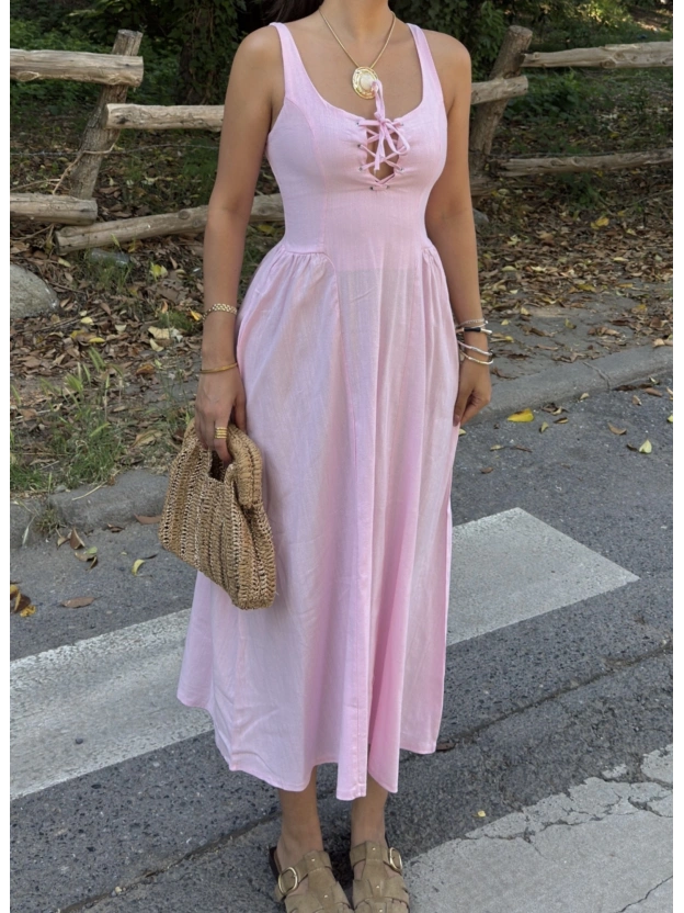 Pembe Korse Keten Uzun Elbise