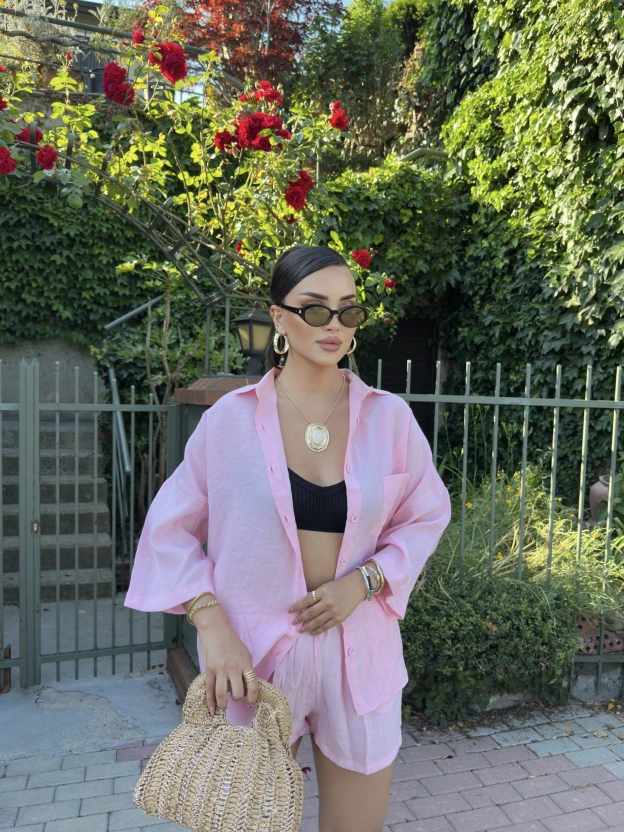 Pembe Tensel Oversize Gömlek Şort Takım