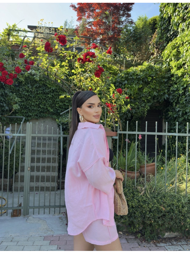 Pembe Tensel Oversize Gömlek Şort Takım