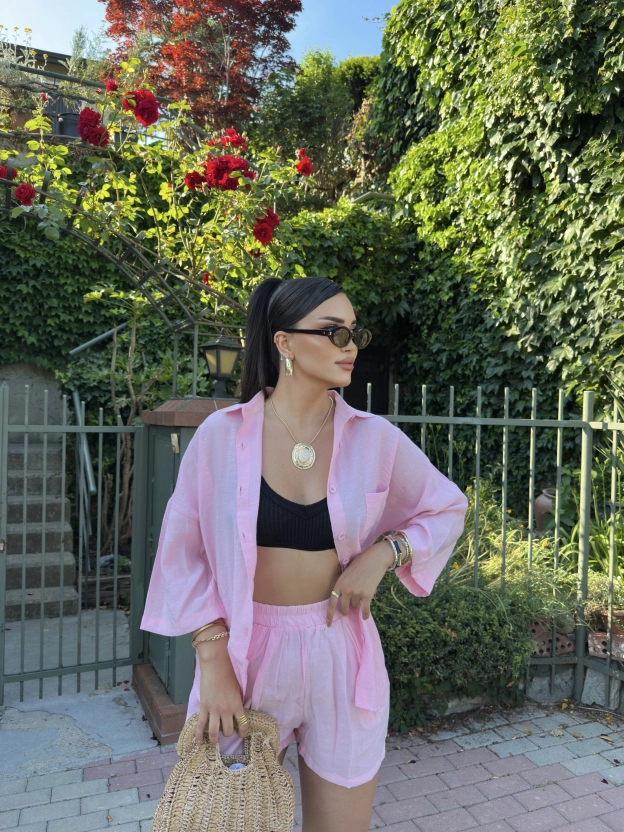 Pembe Tensel Oversize Gömlek Şort Takım