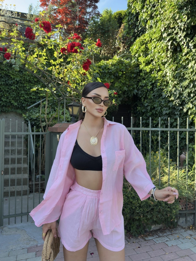 Pembe Tensel Oversize Gömlek Şort Takım