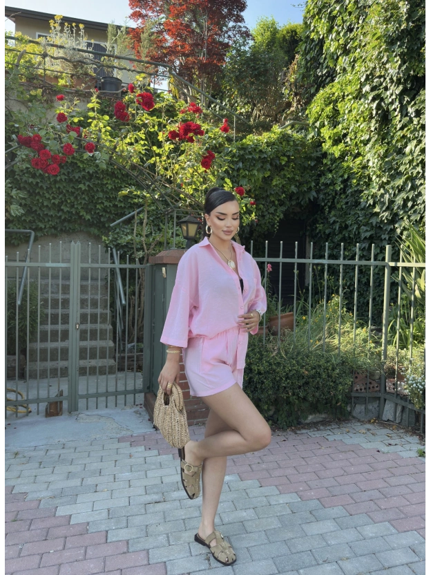 Pembe Tensel Oversize Gömlek Şort Takım