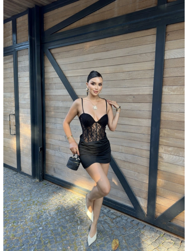Siyah Güpür Tasarım Premium Mini Elbise