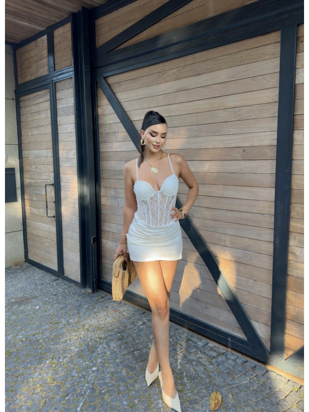 Beyaz Güpür Tasarım Premium Mini Elbise