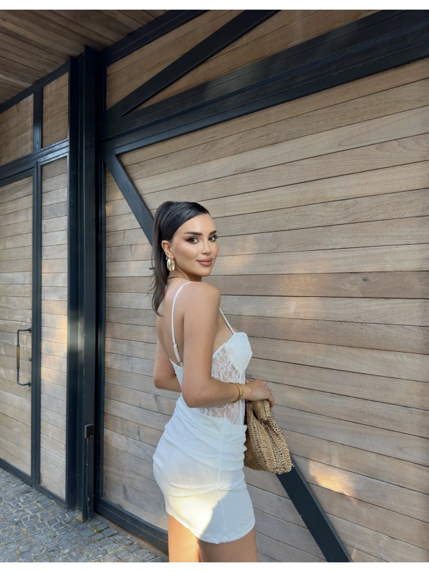 Beyaz Güpür Tasarım Premium Mini Elbise