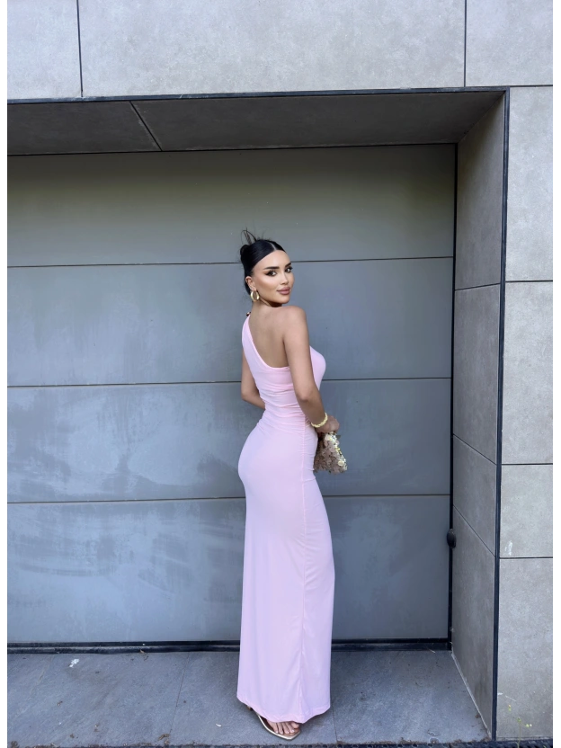 Pembe Toka Detay Drapeli Uzun Elbise