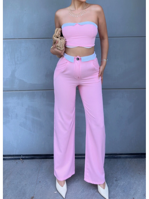 Pembe Straplez Biyeli Double Takım