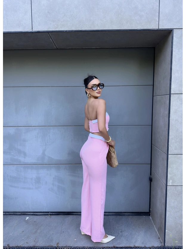 Pembe Straplez Biyeli Double Takım