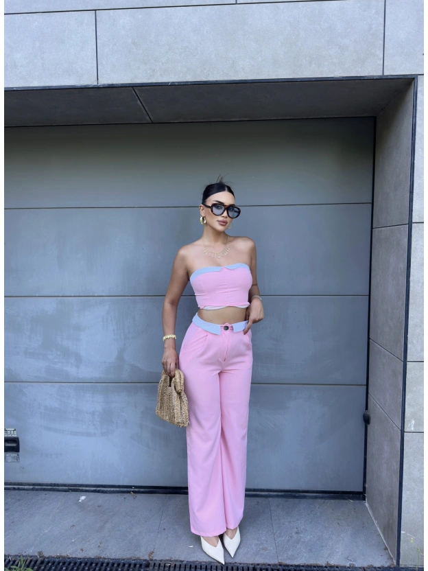 Pembe Straplez Biyeli Double Takım