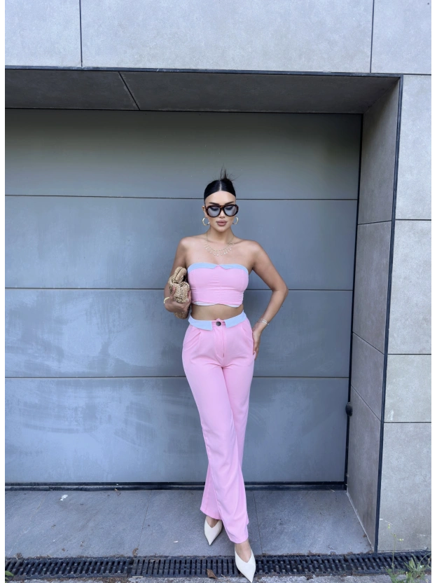 Pembe Straplez Biyeli Double Takım