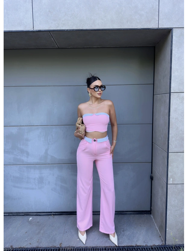 Pembe Straplez Biyeli Double Takım