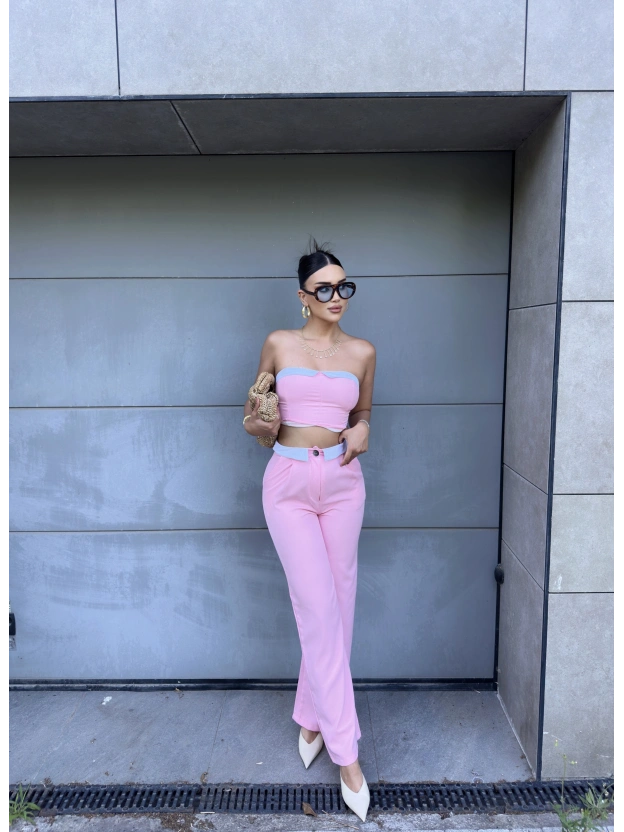 Pembe Straplez Biyeli Double Takım