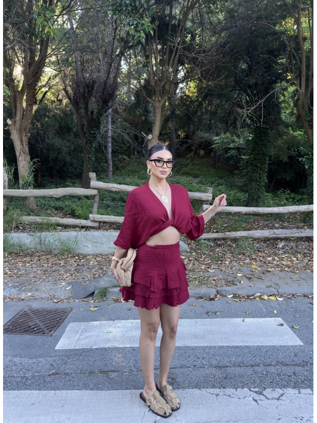 Bordo Müslin Bağlamalı Bluz Etek Takım