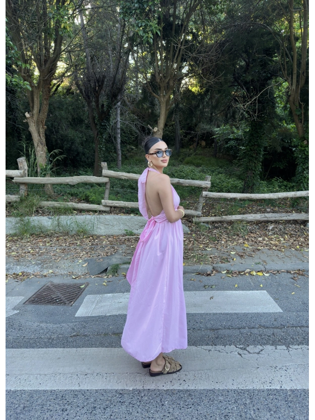 Pembe Boyundan Bağlamalı Poplin Uzun Elbise