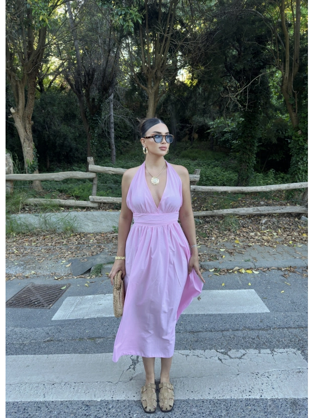 Pembe Boyundan Bağlamalı Poplin Uzun Elbise