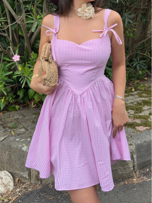 Pembe Mini Kareli Korse Elbise