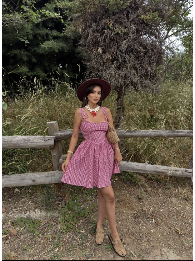 Kırmızı Mini Kareli Korse Elbise