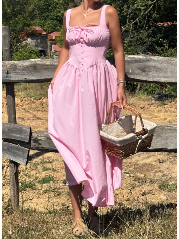 Pembe Kalın Askılı Uzun Korse Elbise
