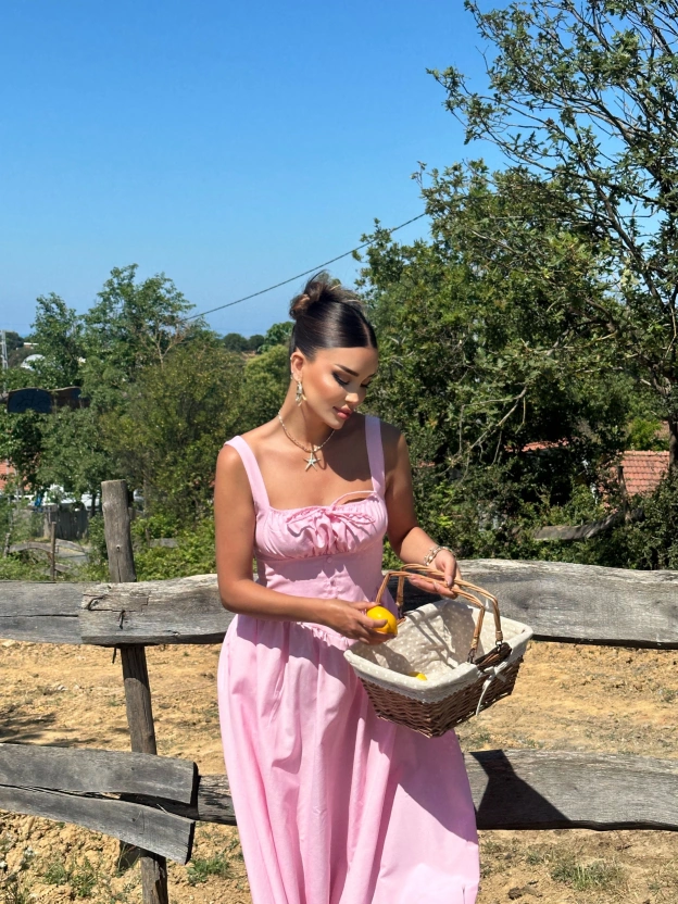 Pembe Kalın Askılı Uzun Korse Elbise