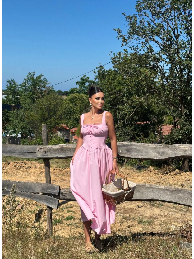 Pembe Kalın Askılı Uzun Korse Elbise