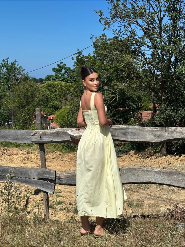 Sarı Kalın Askılı Uzun Korse Elbise