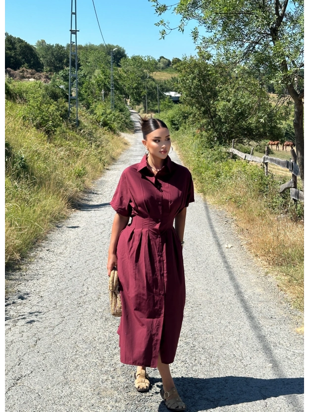 Bordo Korseli Gömlek Elbise