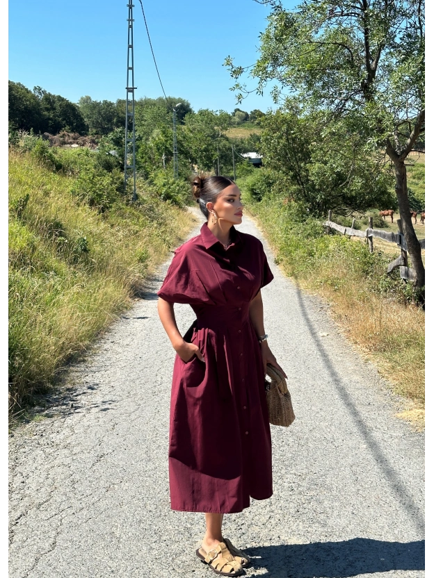 Bordo Korseli Gömlek Elbise