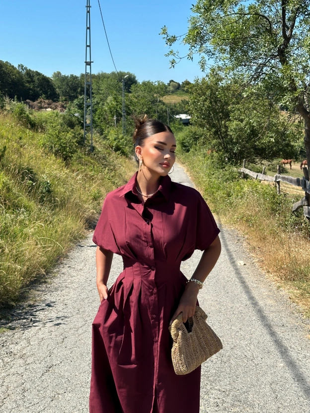 Bordo Korseli Gömlek Elbise