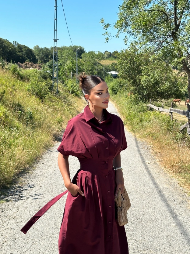 Bordo Korseli Gömlek Elbise