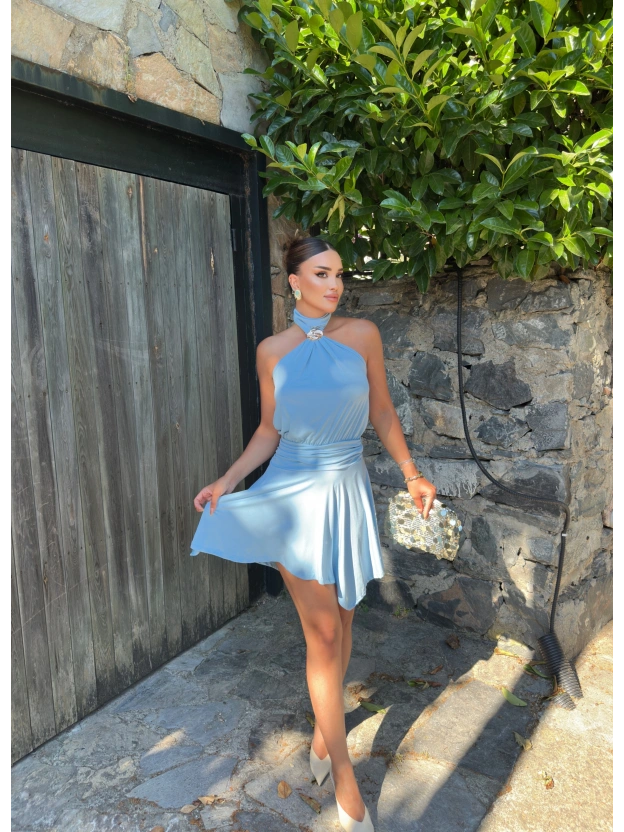 Bebe Mavisi Boyun Tokalı Mini Elbise
