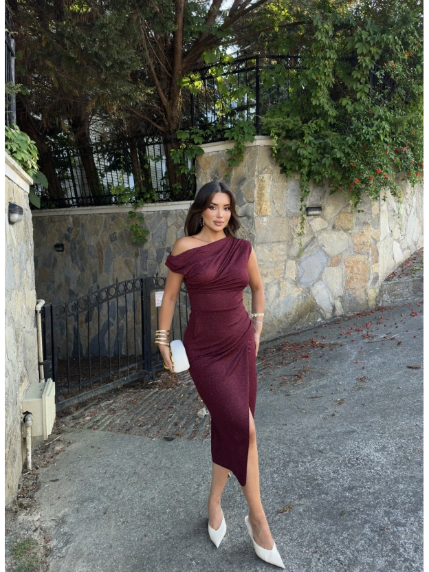 Bordo Madonna Yaka Simli Uzun Elbise