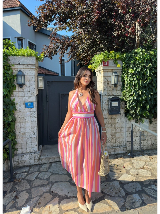 Pembe Çizgili Boyundan Bağlamalı Poplin Uzun Elbise