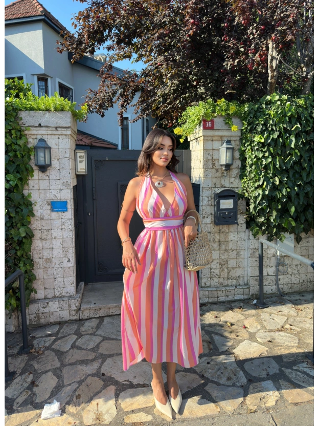 Pembe Çizgili Boyundan Bağlamalı Poplin Uzun Elbise