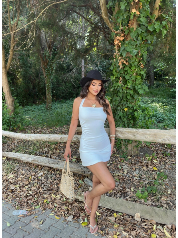 Ekru Halter Yaka Drapeli Mini Elbise