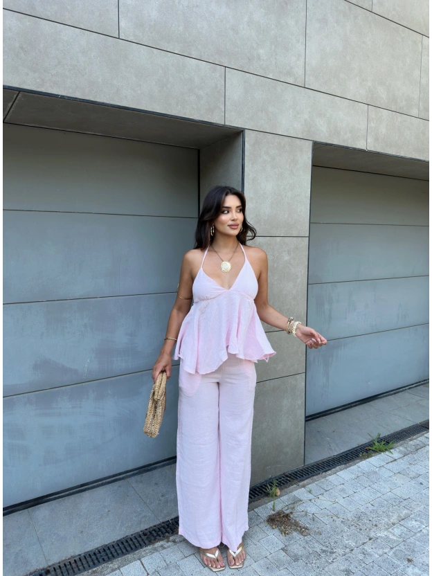 Pembe Boyundan Bağlamalı Müslin Takım
