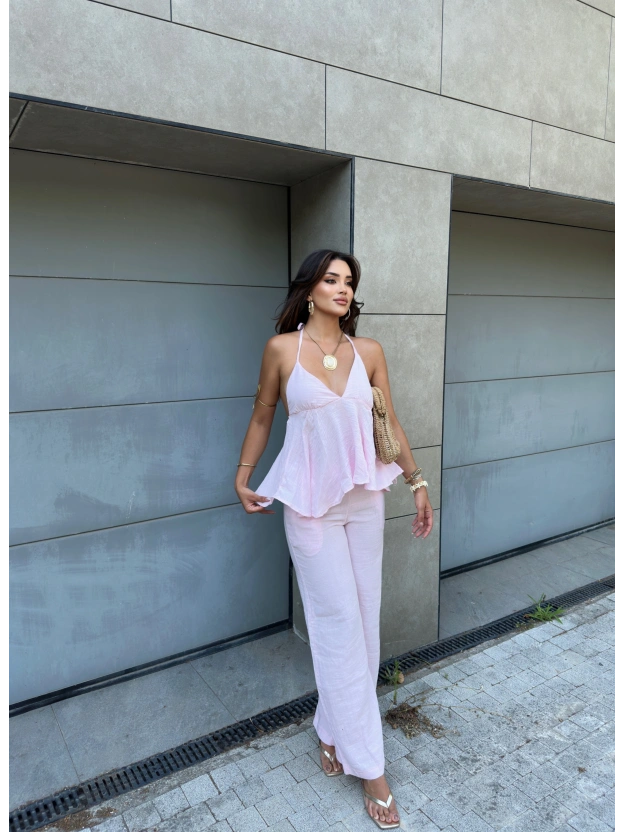 Pembe Boyundan Bağlamalı Müslin Takım