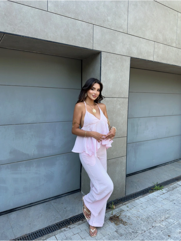 Pembe Boyundan Bağlamalı Müslin Takım