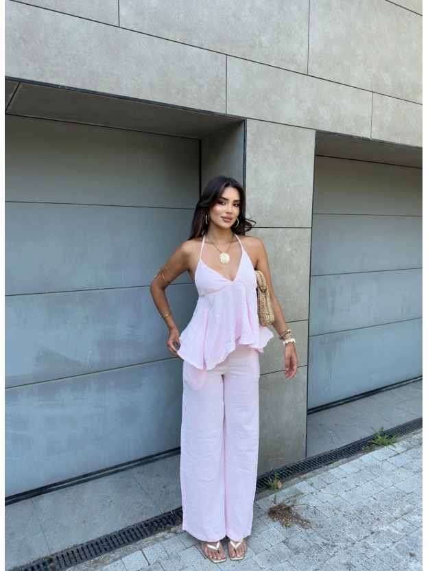 Pembe Boyundan Bağlamalı Müslin Takım