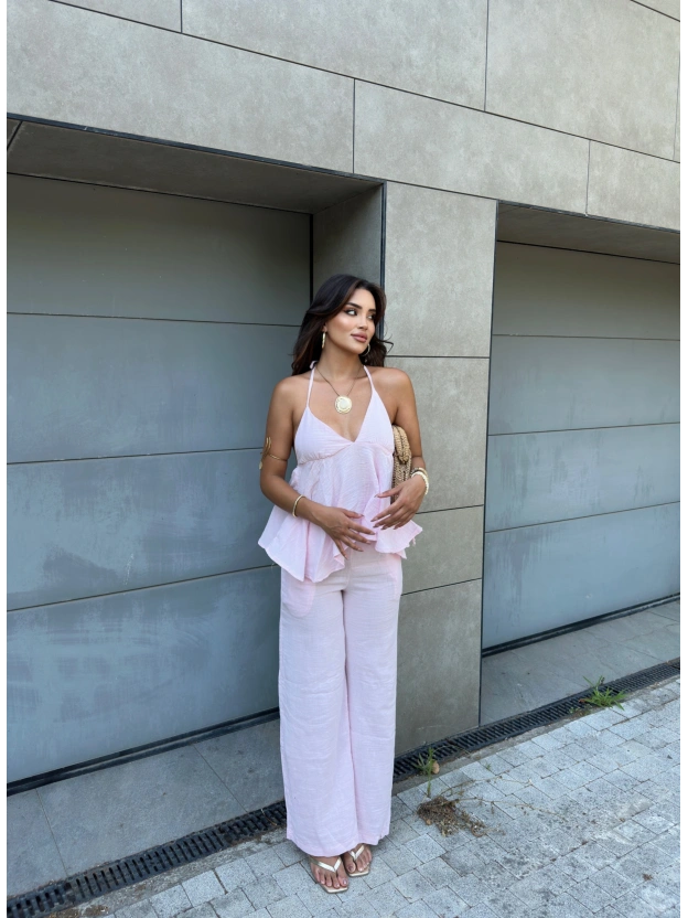 Pembe Boyundan Bağlamalı Müslin Takım