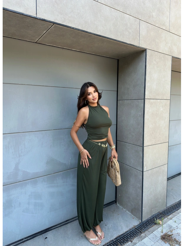 Haki Halter Yaka Şalvar Takım