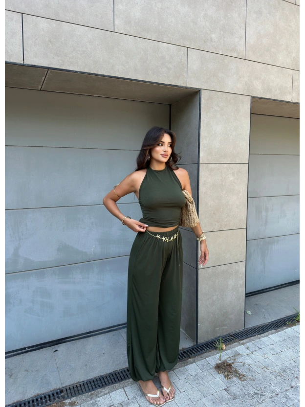 Haki Halter Yaka Şalvar Takım