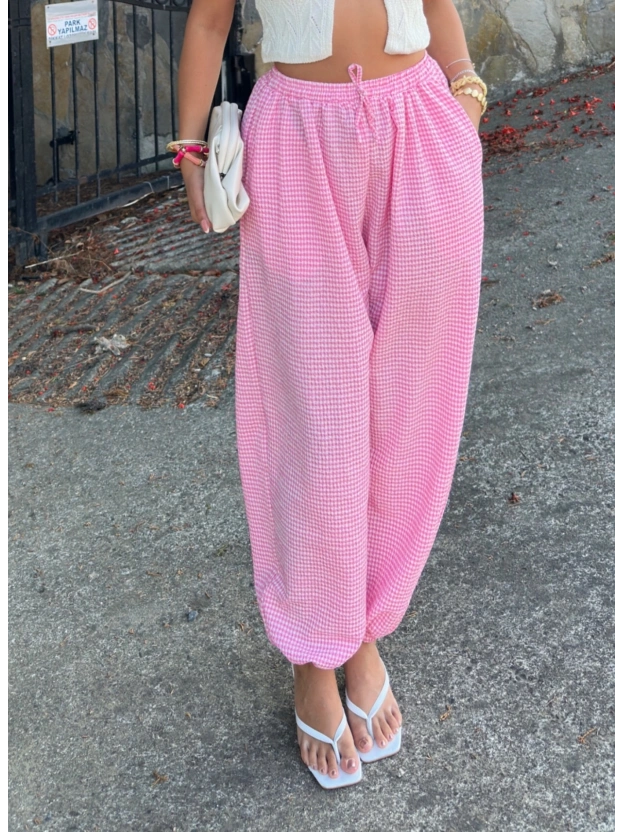 Pembe Mini Kareli Şalvar Pantolon