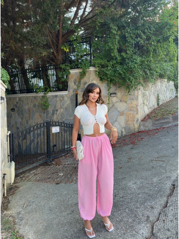 Pembe Mini Kareli Şalvar Pantolon