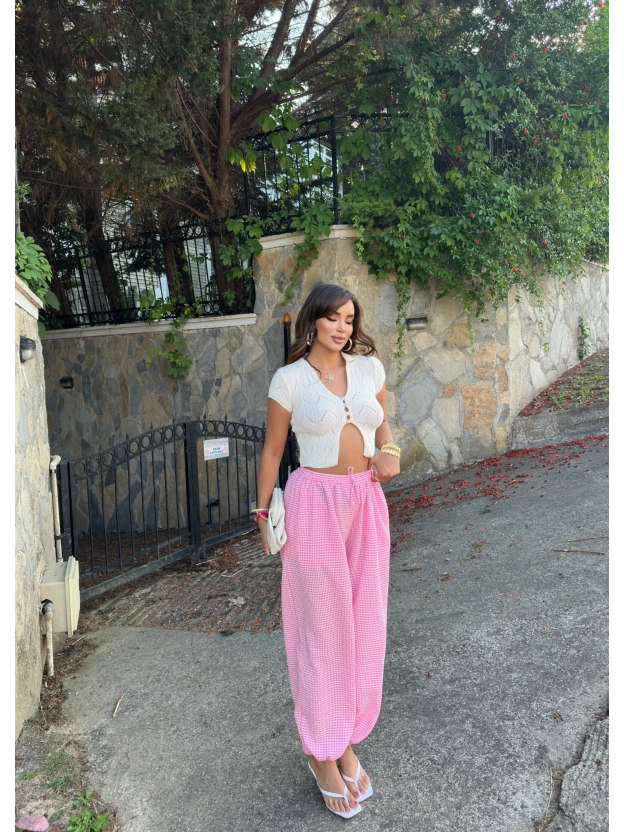 Pembe Mini Kareli Şalvar Pantolon