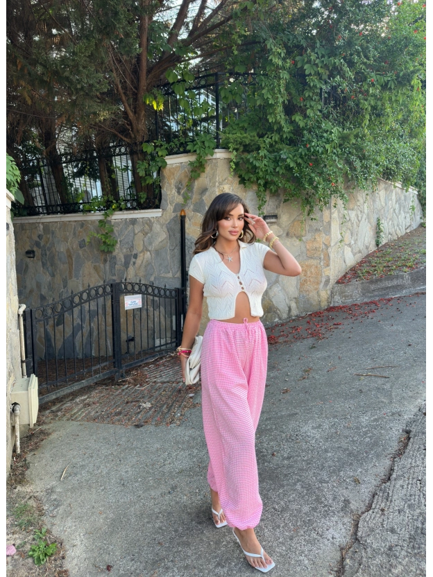 Pembe Mini Kareli Şalvar Pantolon