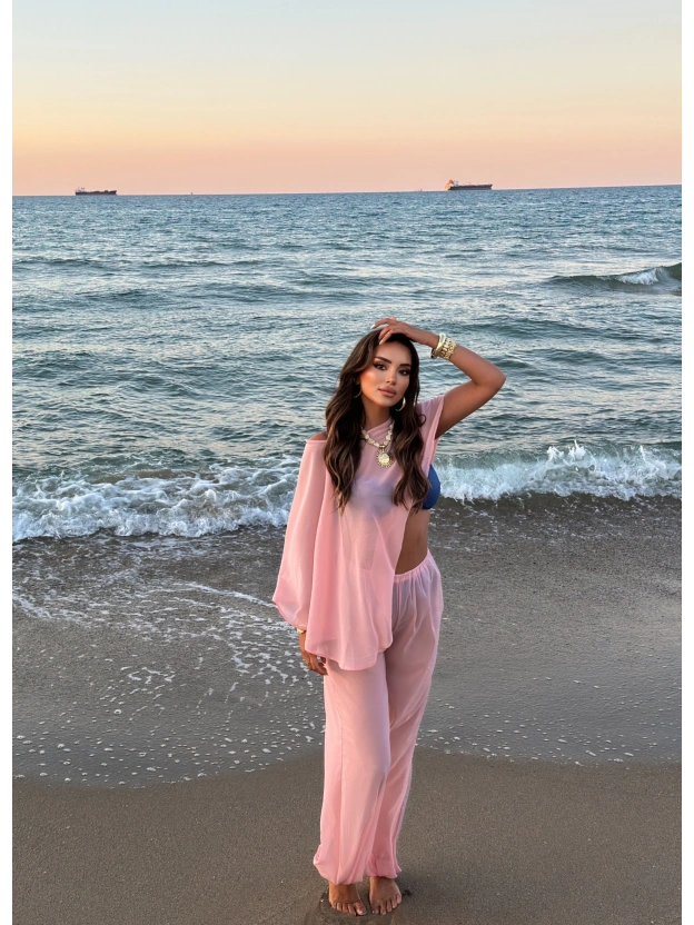 Pembe Şifon Pareo Takım